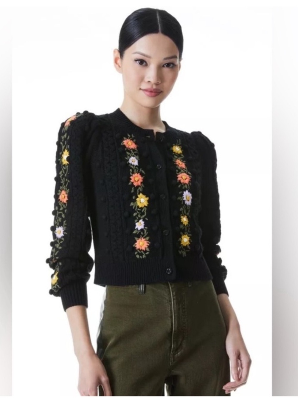 NWT $550 Alice + Olivia Women’s Kitty Puff Sleeve Cardigan Embroidered Medium